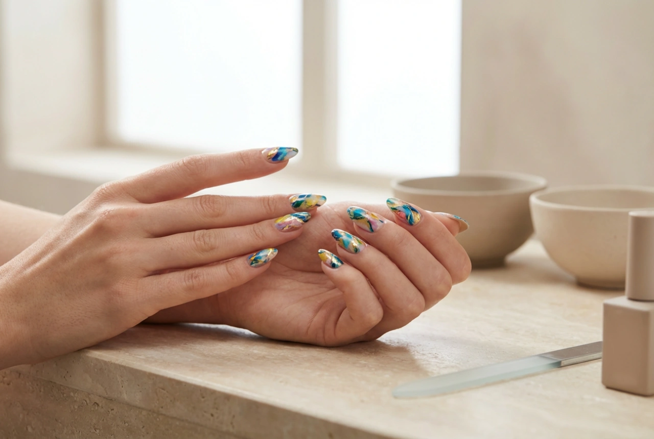 Ongles hybrides colorés : association de teintes, motifs et longue tenue