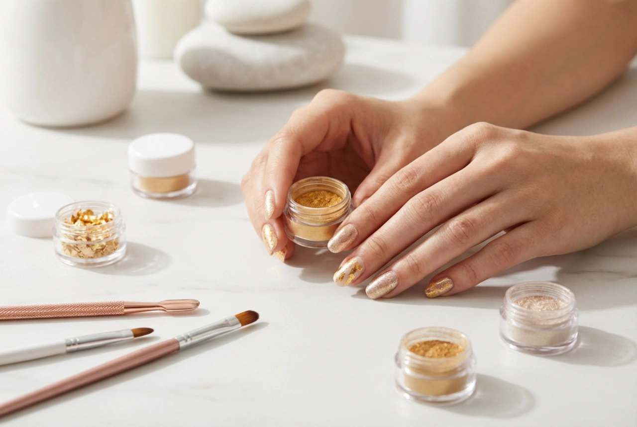 Manucure dorée : feuilles, poudres et accents rapides