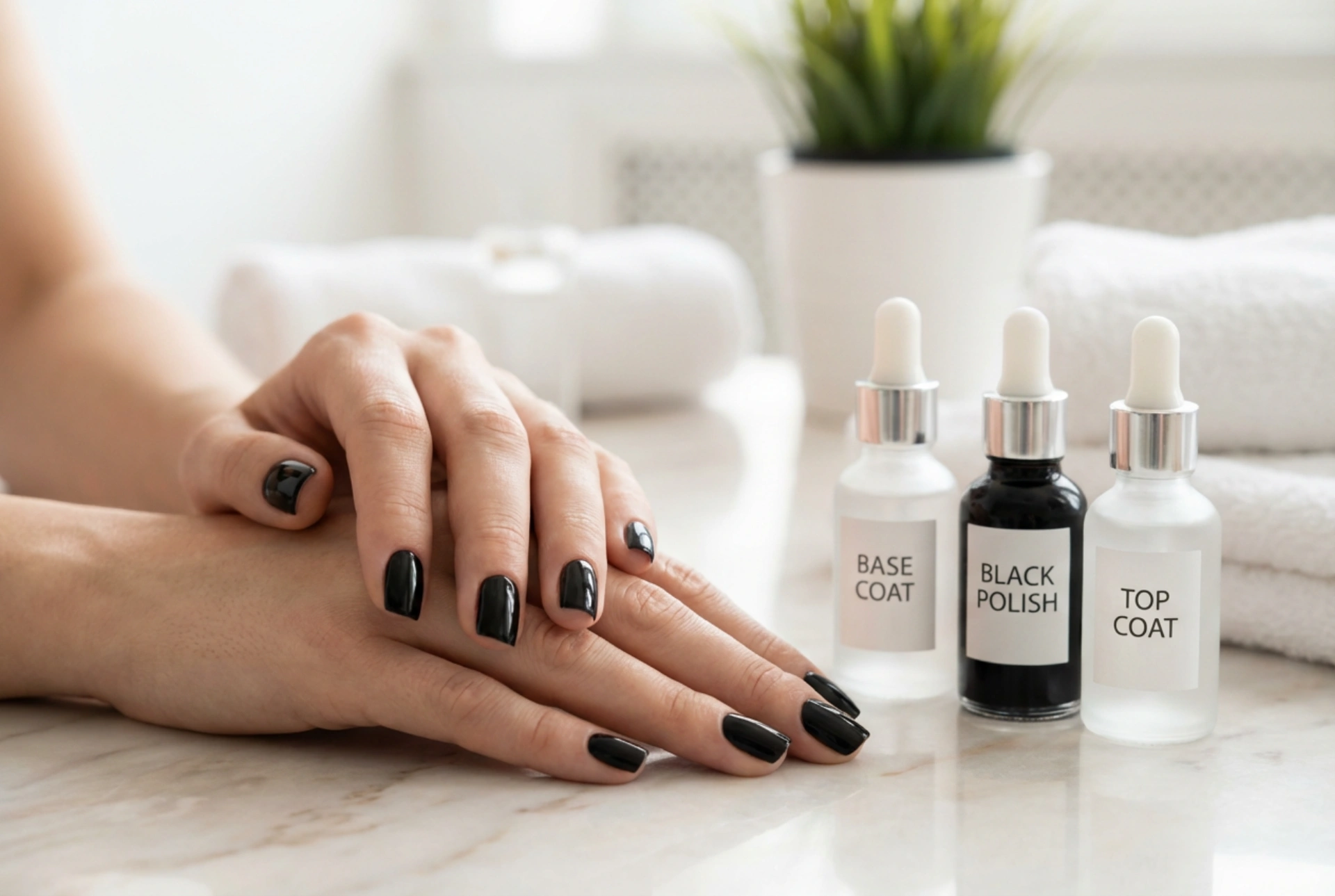 Ongles noirs sans traces : base, couches fines et top coat