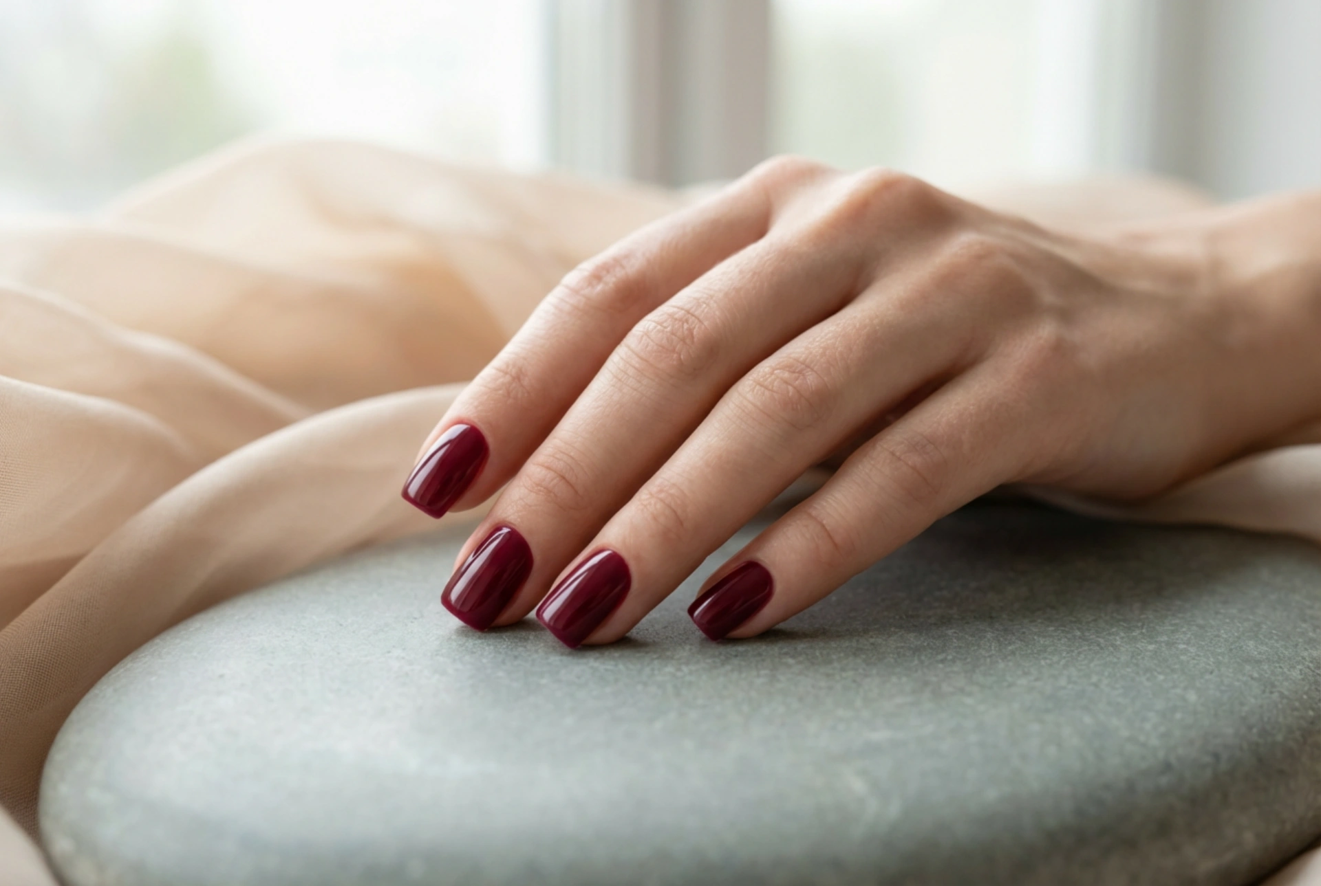 Ongles carrés bordeaux : limage, pose de vernis et finition