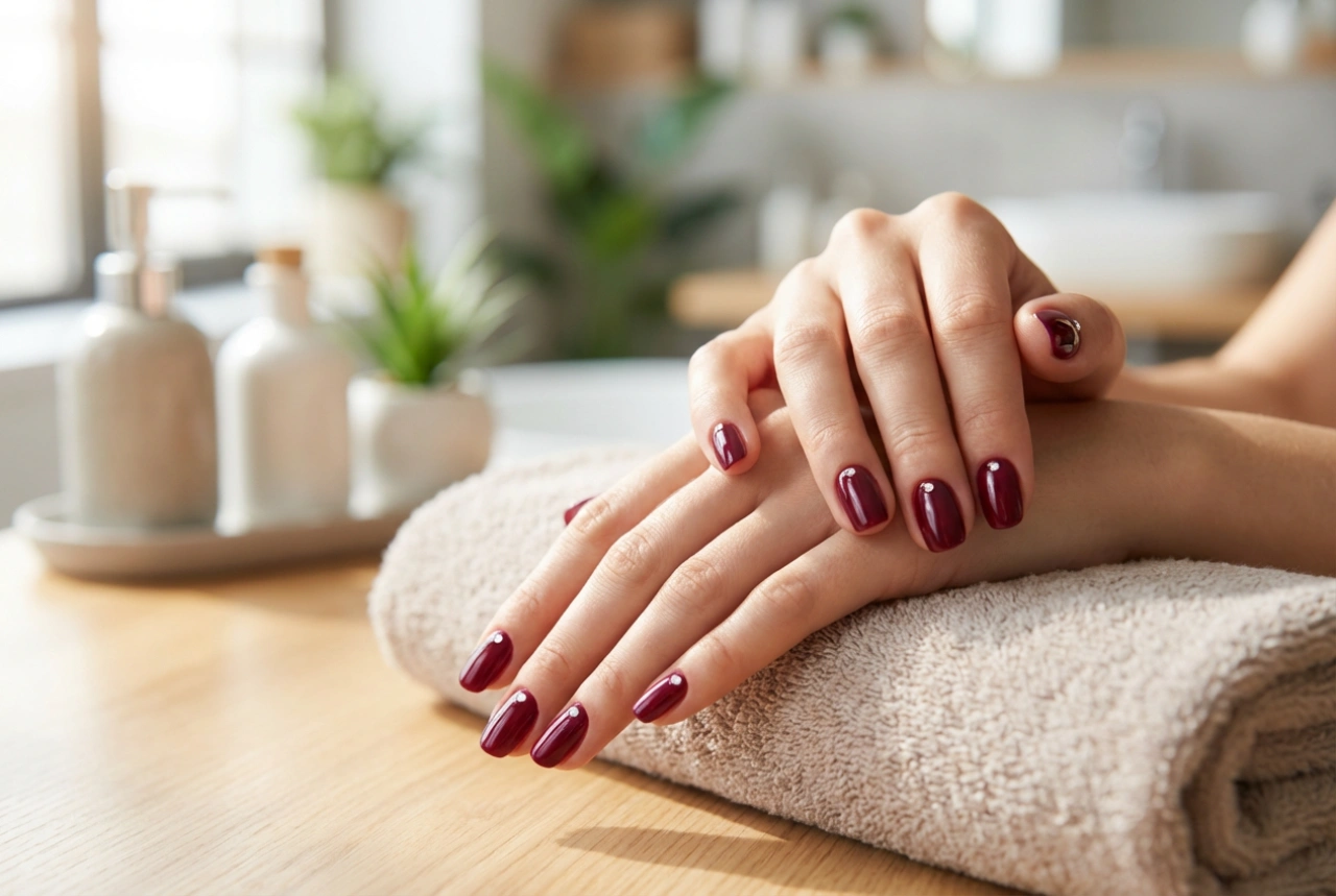 Ongles bordeaux avec strass : collage, disposition et protection