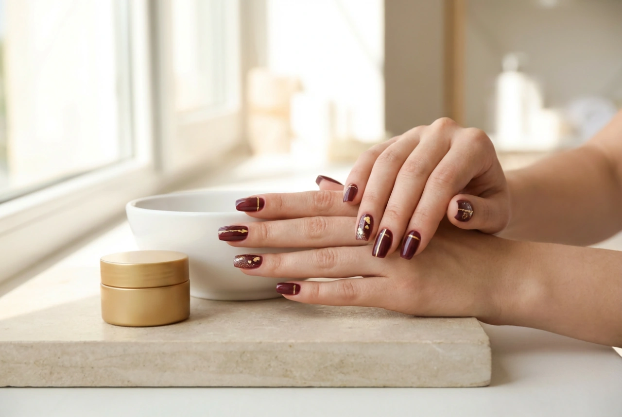 Ongles bordeaux et or : lignes fines, feuilles de transfert et paillettes
