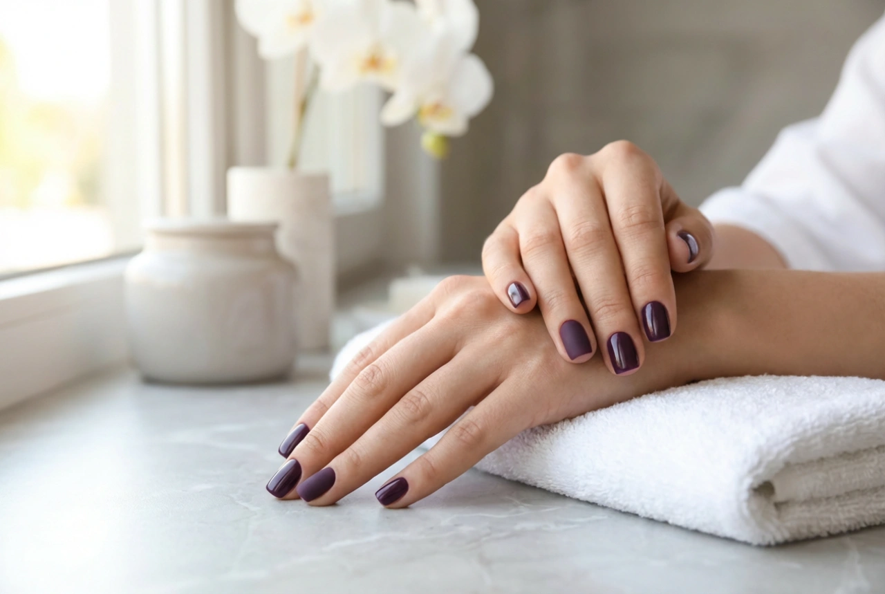 Ongles violet foncé : application et association des finitions