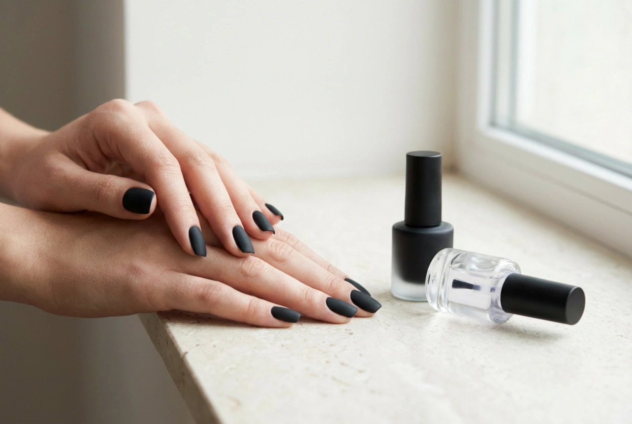 Ongles noirs mats sans traces : la bonne base et le top coat matifiant