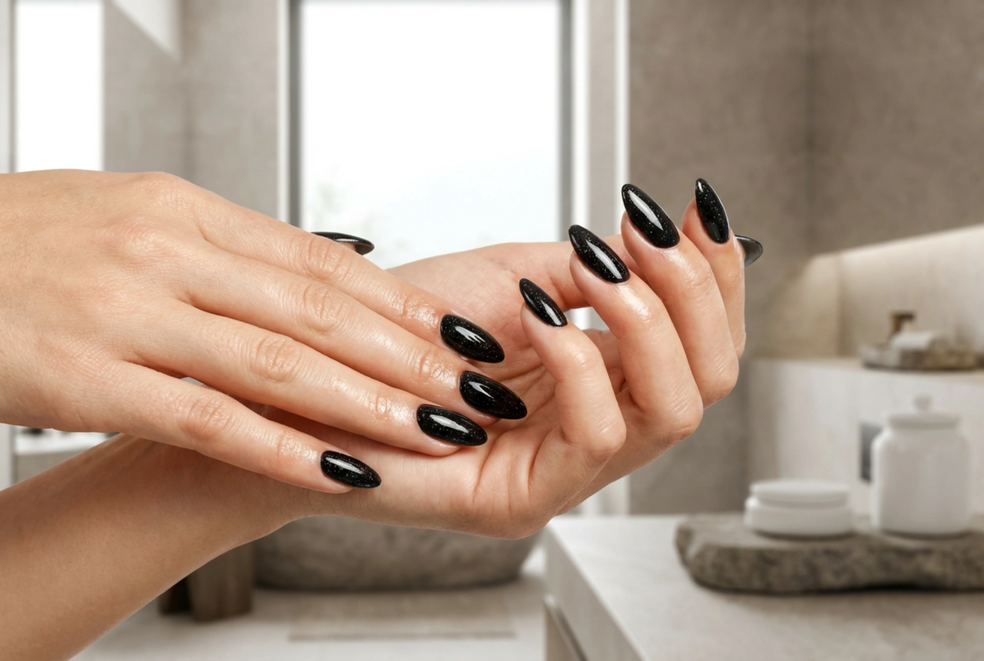 Ongles noirs pailletés : brillance uniforme et surface parfaitement lisse