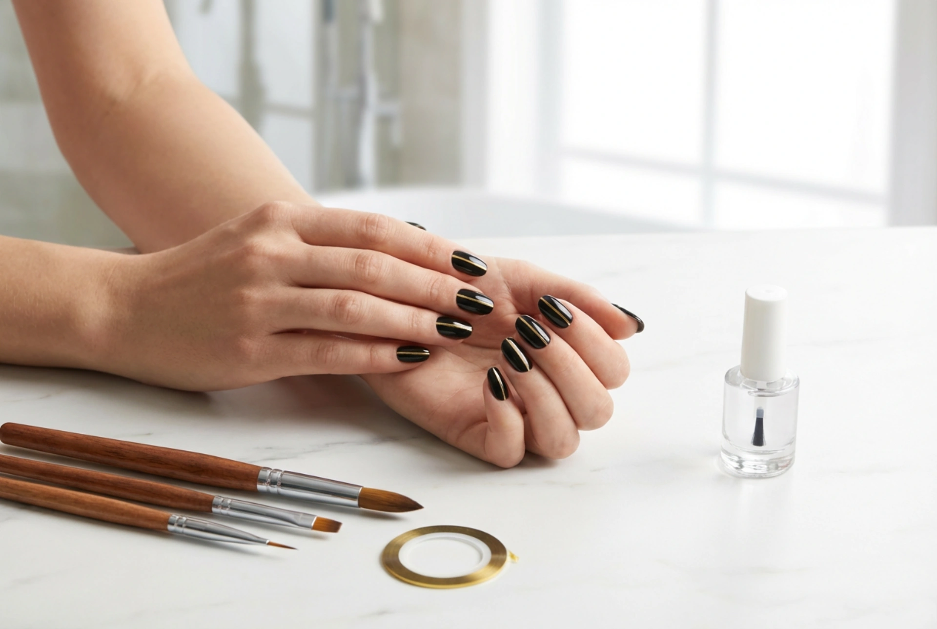 Bande dorée sur ongles noirs : rubans, pinceaux et top coat