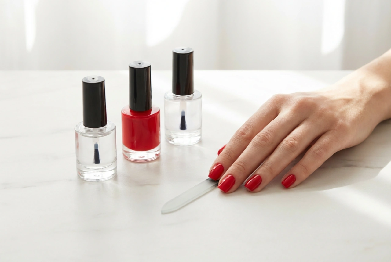 Manucure semi-permanente rouge pas à pas : base, couleur et top