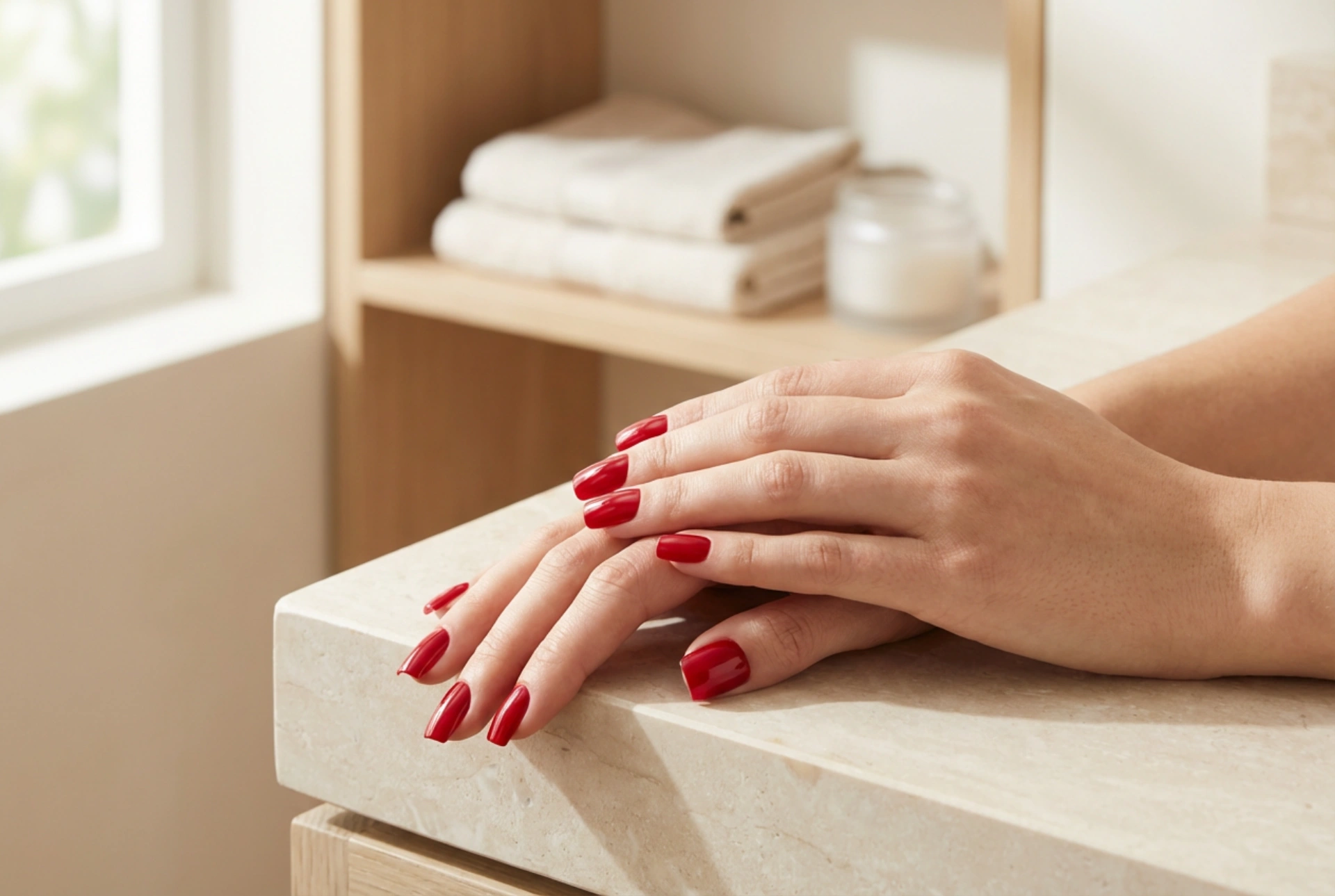 Ongles rouges carrés : limage, pose de vernis et finitions
