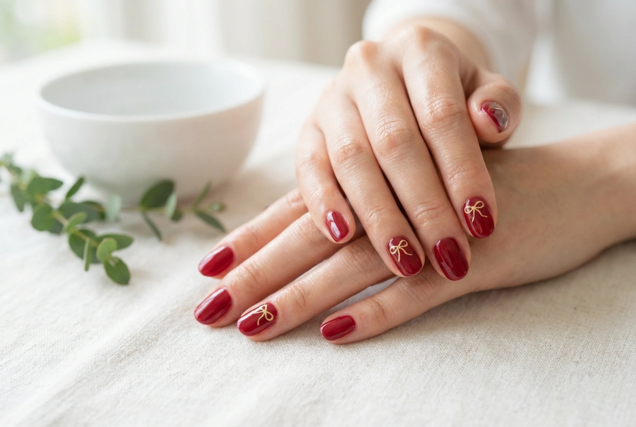 Ongles rouges avec nœud : lignes fines, stickers et tampons pour une manucure élégante