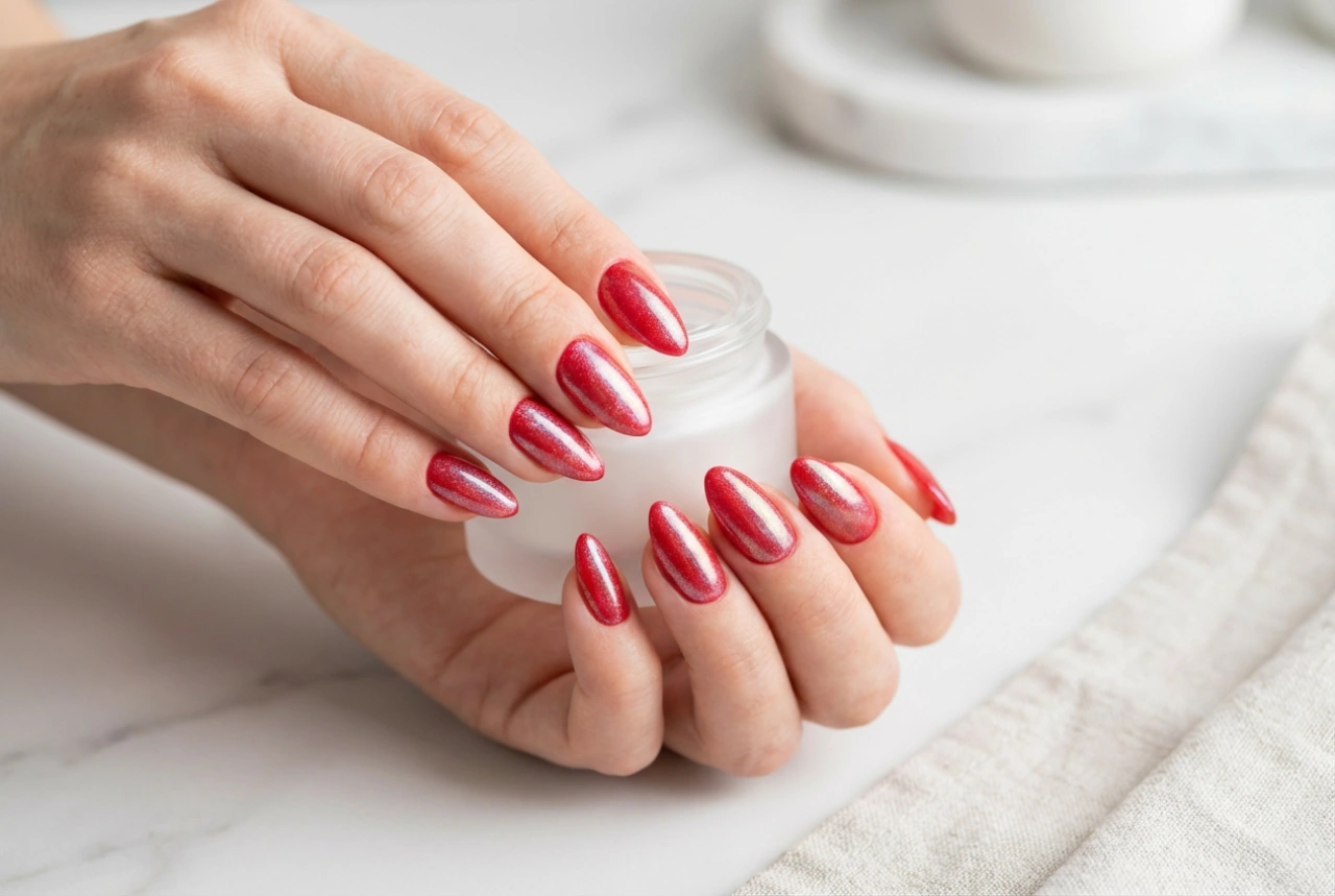 Poudre sur ongles rouges : effet miroir, sirène et application