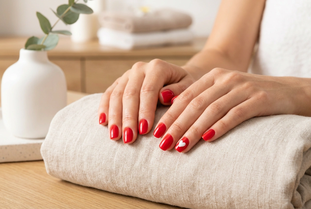 Ongles rouges avec un cœur : décorations de la Saint-Valentin pas à pas