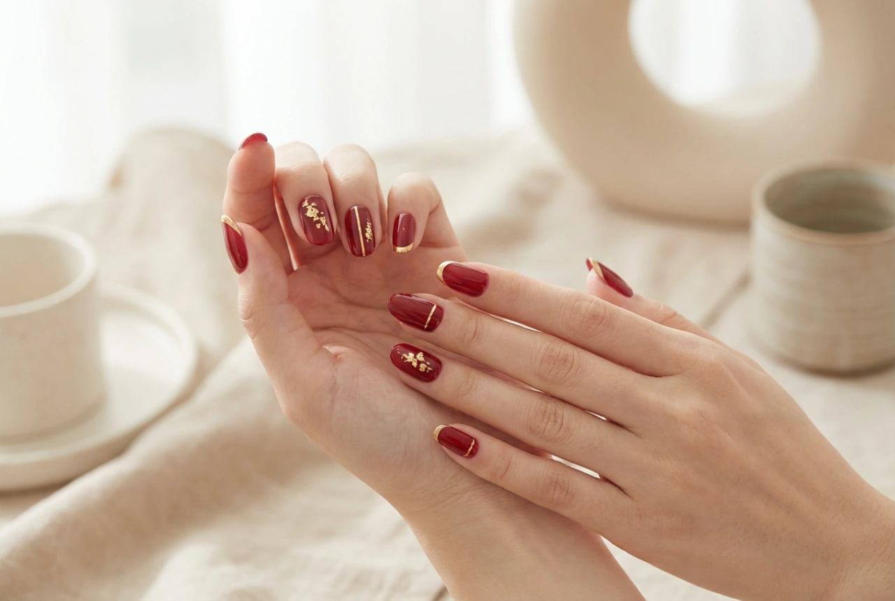 Accents dorés sur ongles rouges : feuilles de transfert, lignes et french manucure
