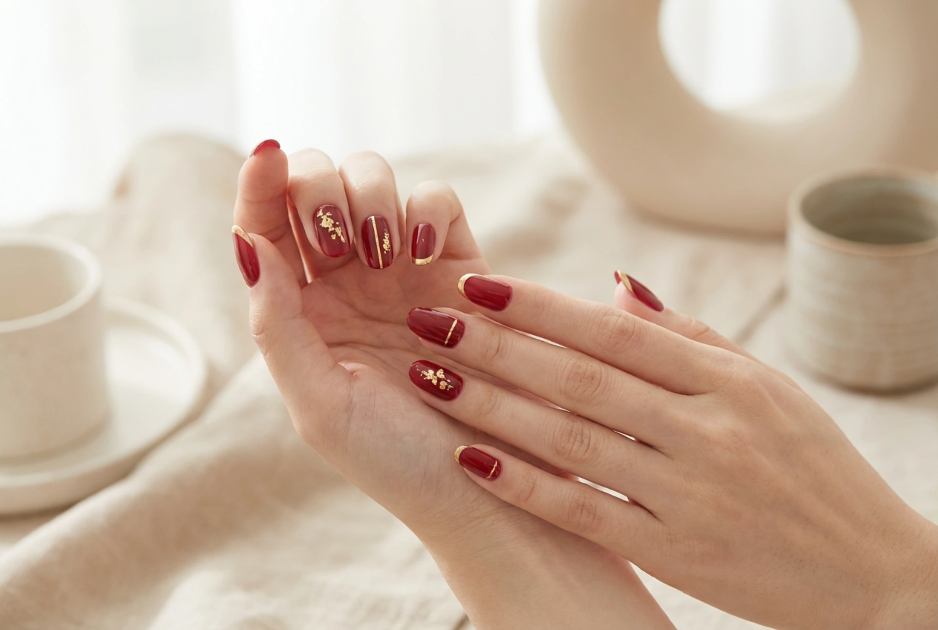 Accents dorés sur ongles rouges : feuilles de transfert, lignes et french manucure
