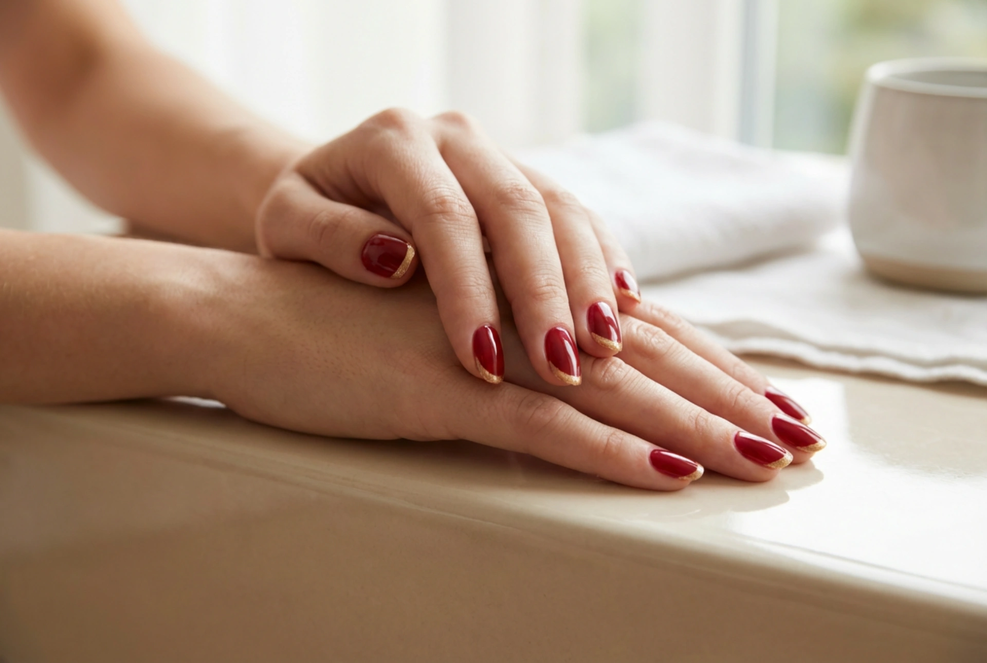 French manucure dorée sur ongles rouges : la ligne du sourire parfaite