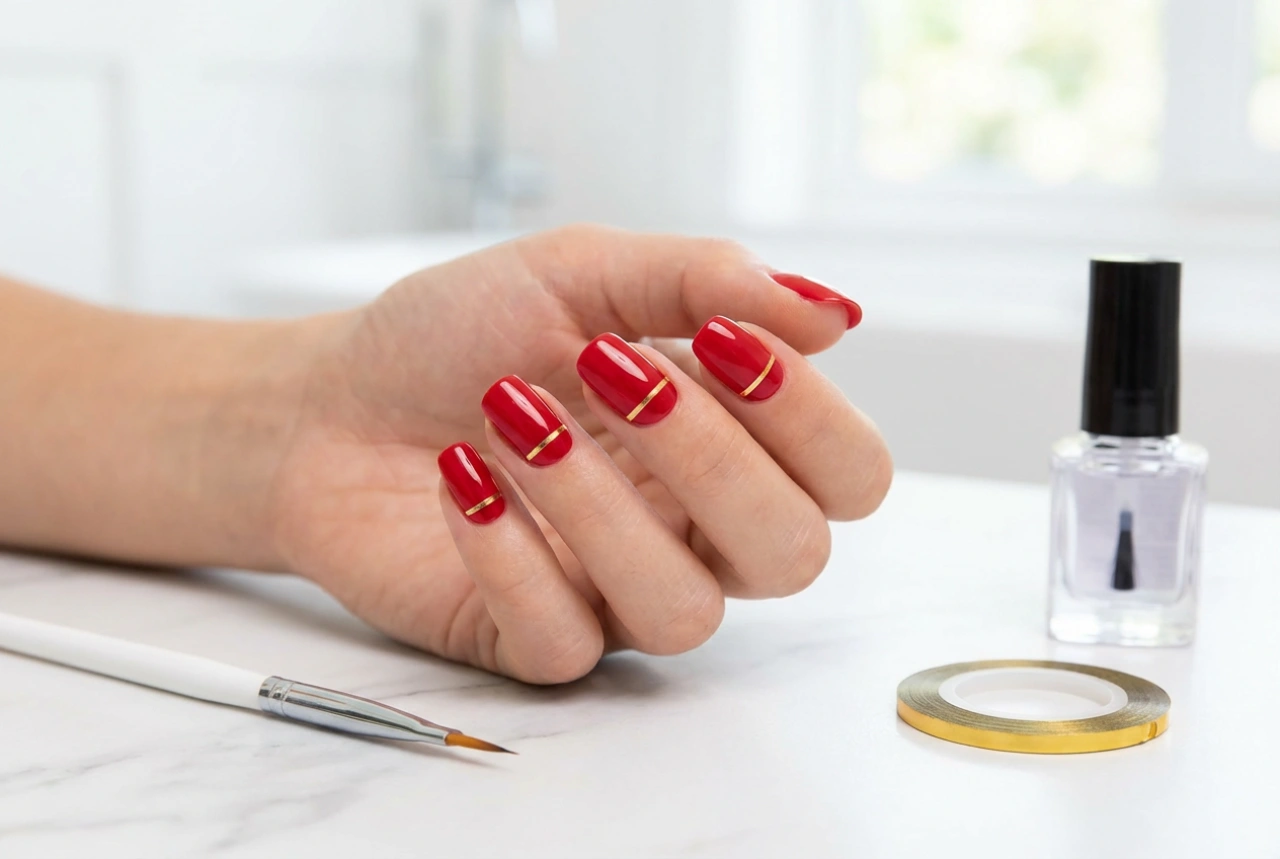 Bande dorée sur ongles rouges : rubans adhésifs et pinceau de précision