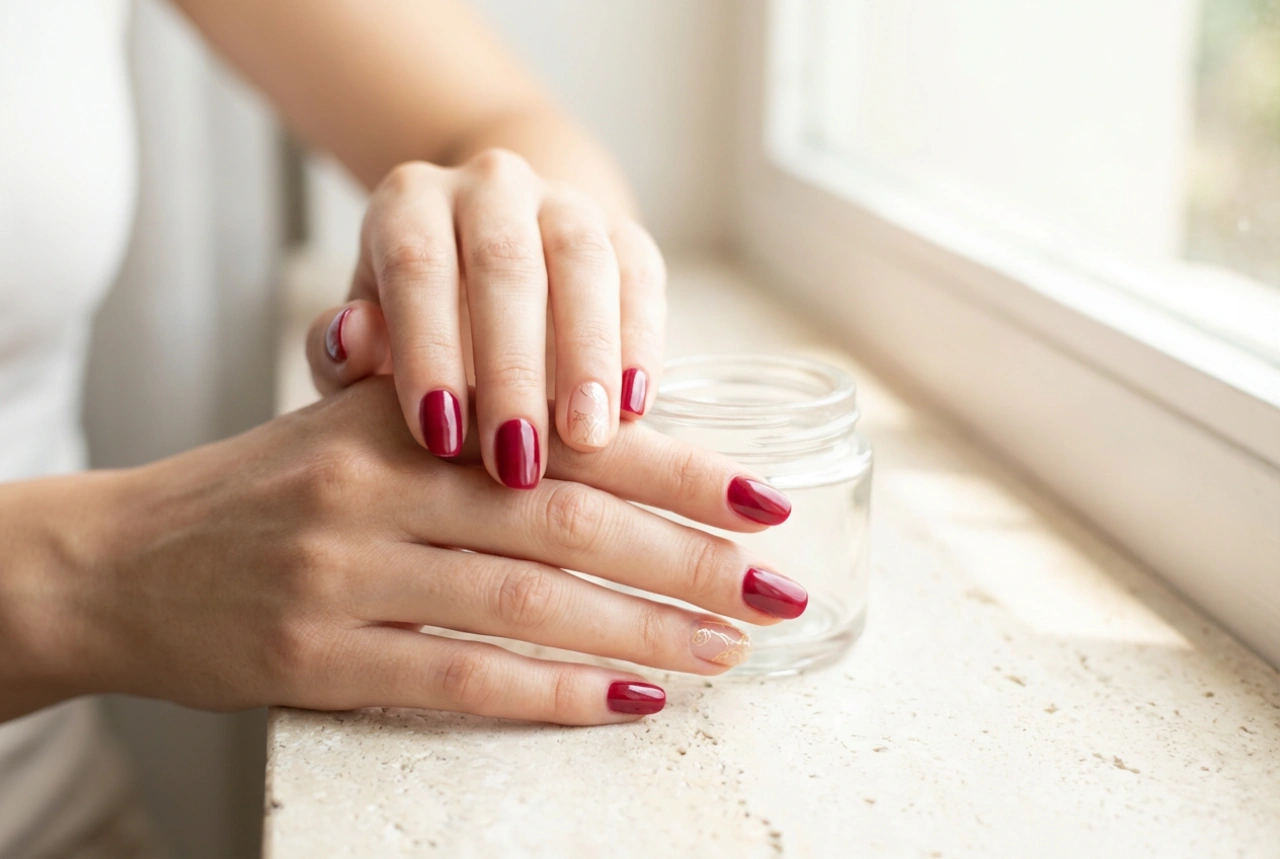Décorations dorées sur ongles rouges : proportions et finitions
