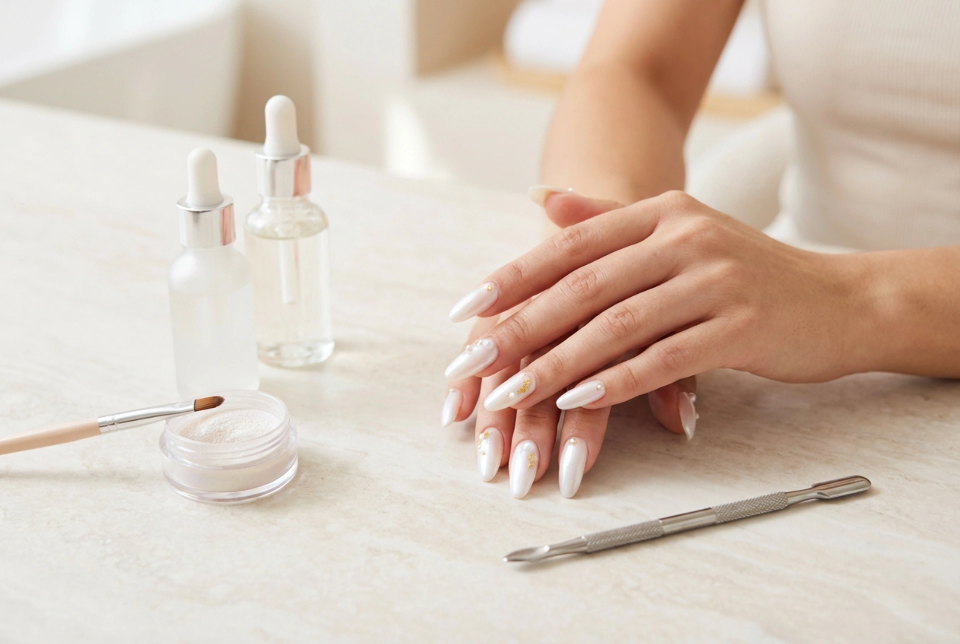 Ongles blancs nacrés : comment travailler avec la poudre pour obtenir un fini lisse et brillant