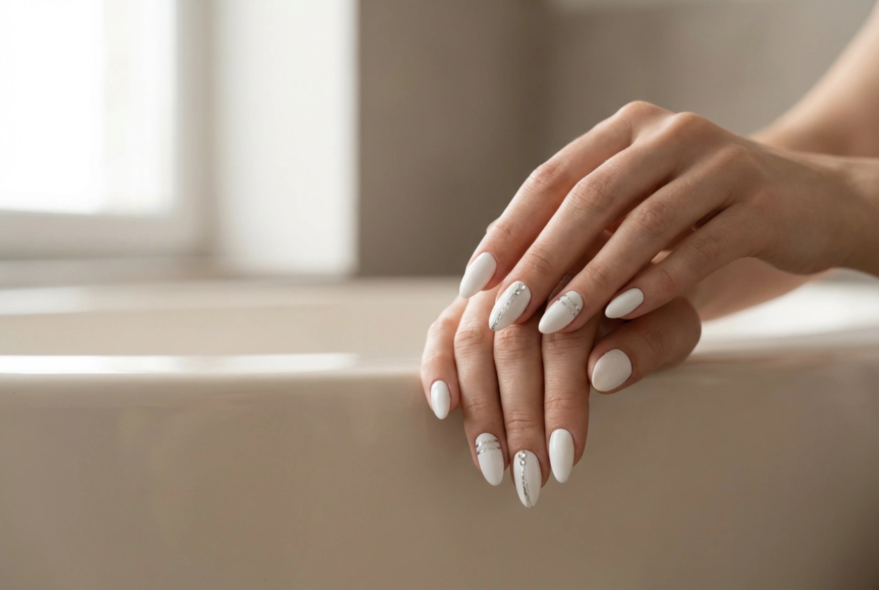 Ongles blancs avec un accent argenté : rubans, feuilles et strass étape par étape