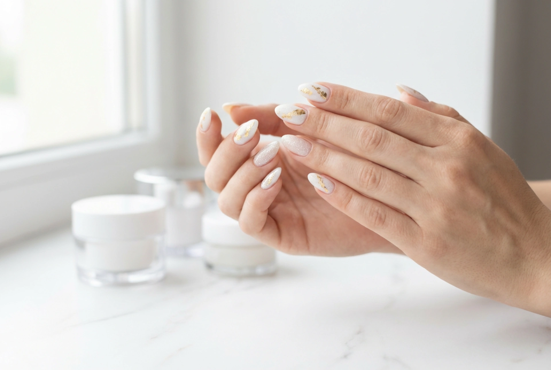 Ongles blanc et or : une manucure élégante avec feuille d'or et paillettes