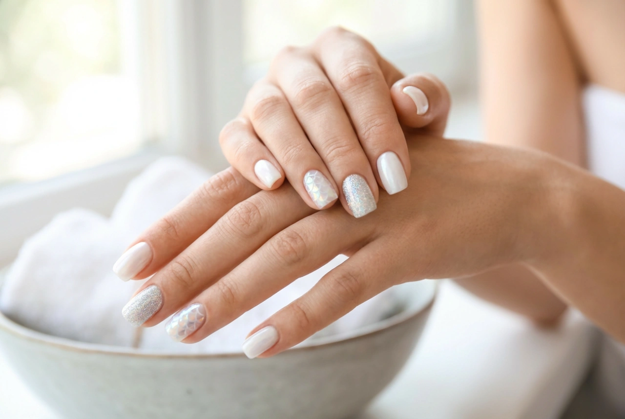 Ongles blancs avec poudre : effet sirène, holo et perle étape par étape
