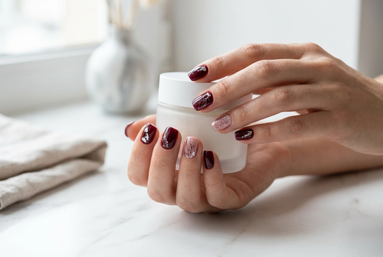 Ongles bordeaux et argent : accents métalliques, feuilles de transfert et paillettes
