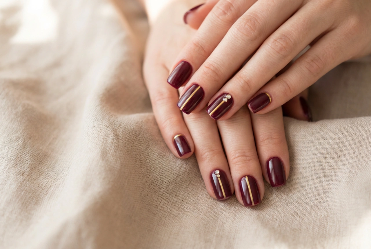 Ongles Bordeaux et Or : Détails Luxueux, Rayures et Strass