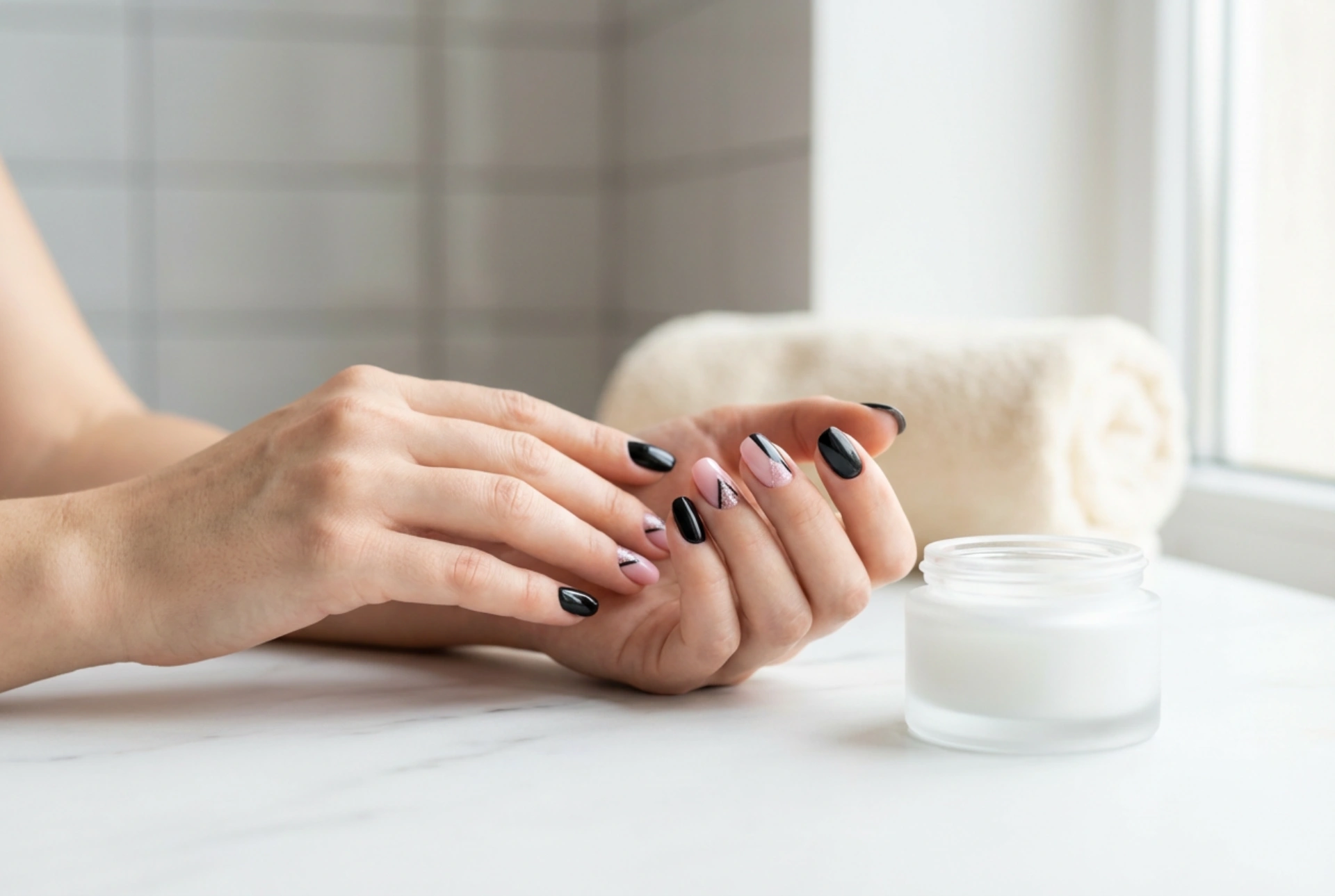 Ongles noir et rose : accents géométriques et paillettes étape par étape