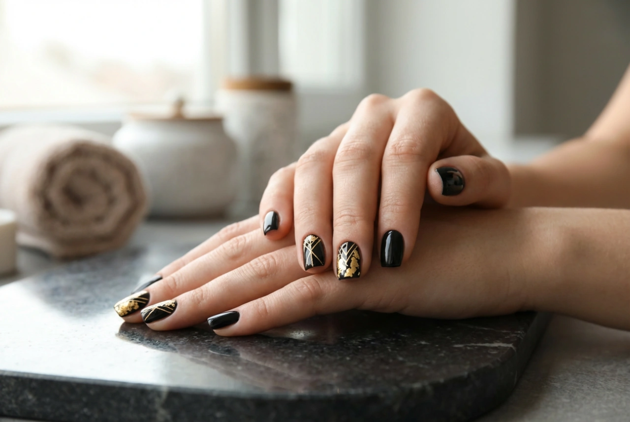 Ongles noirs et dorés : décorations luxueuses, bandes et feuille