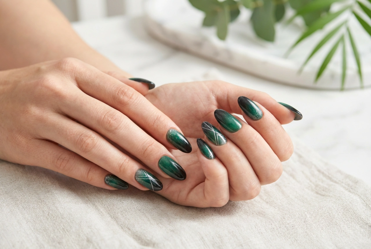 Ongles noir et vert : smokey ombre, poudre de verre et lignes géométriques