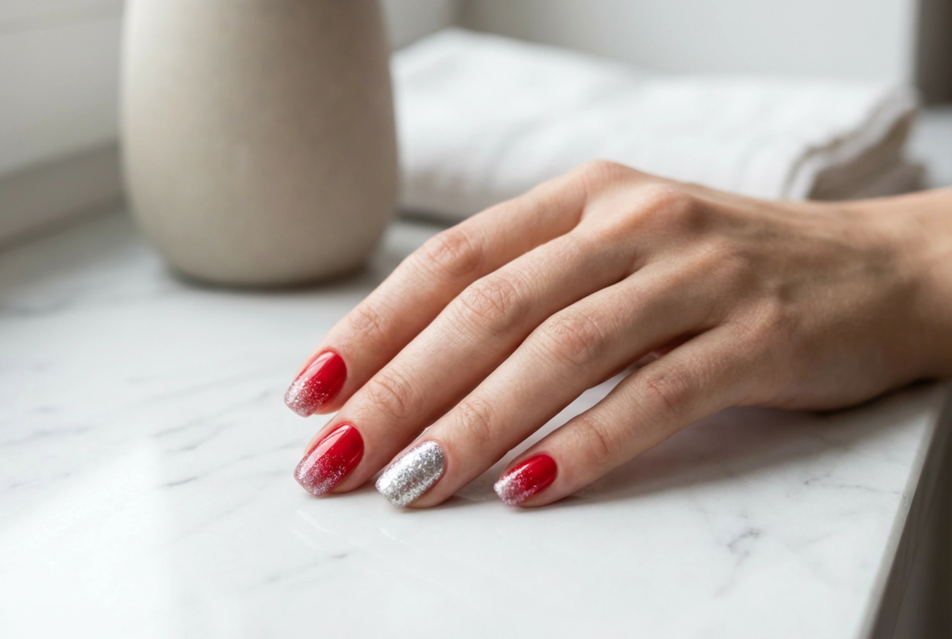 Ongles rouges à paillettes argentées : dégradé uniforme et accent