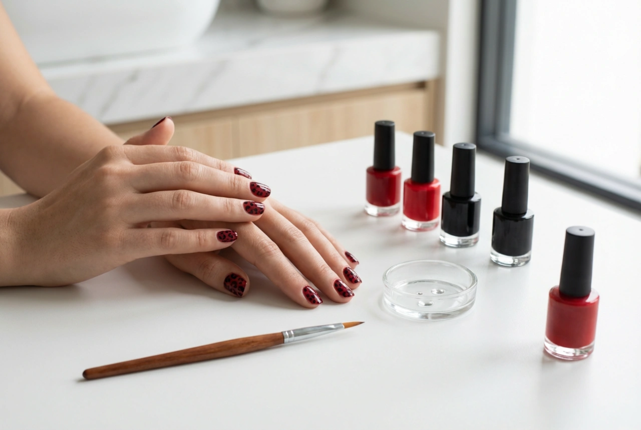 Ongles rouges à imprimé léopard étape par étape : méthodes simples et outils