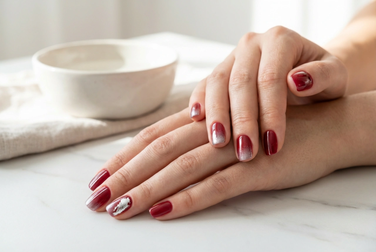 Ongles rouges et argentés : dégradé, lignes et accent sur un ongle