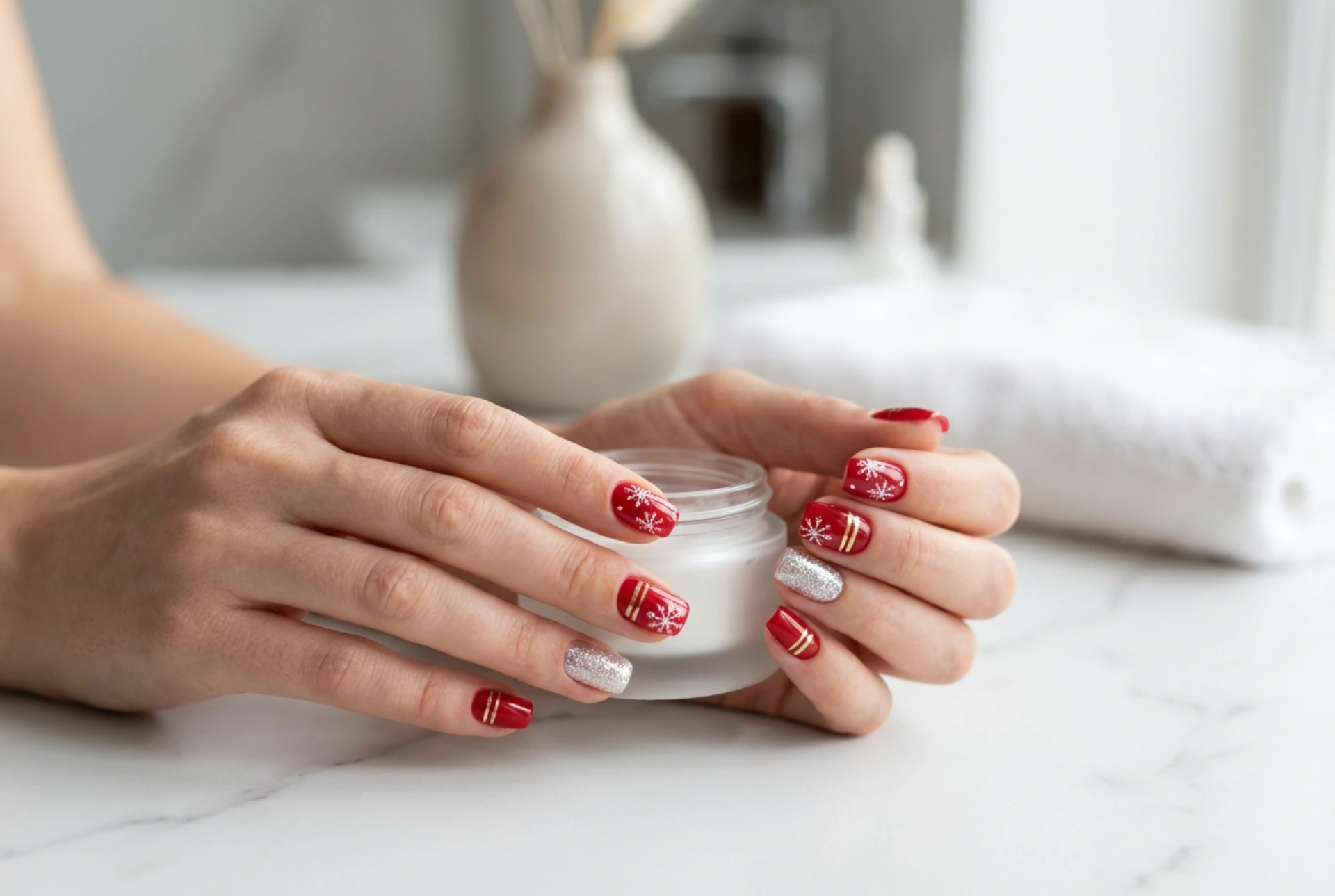 Manucure rouge de Noël : flocons, rayures et une touche scintillante