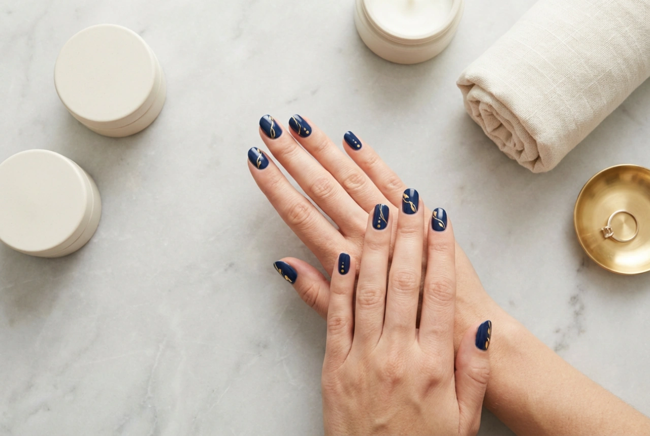 Ongles bleu marine et or : un duo élégant en trois déclinaisons simples
