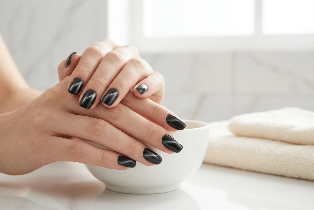 Ongles effet œil de chat noir : comment positionner la ligne magnétique et fixer le résultat