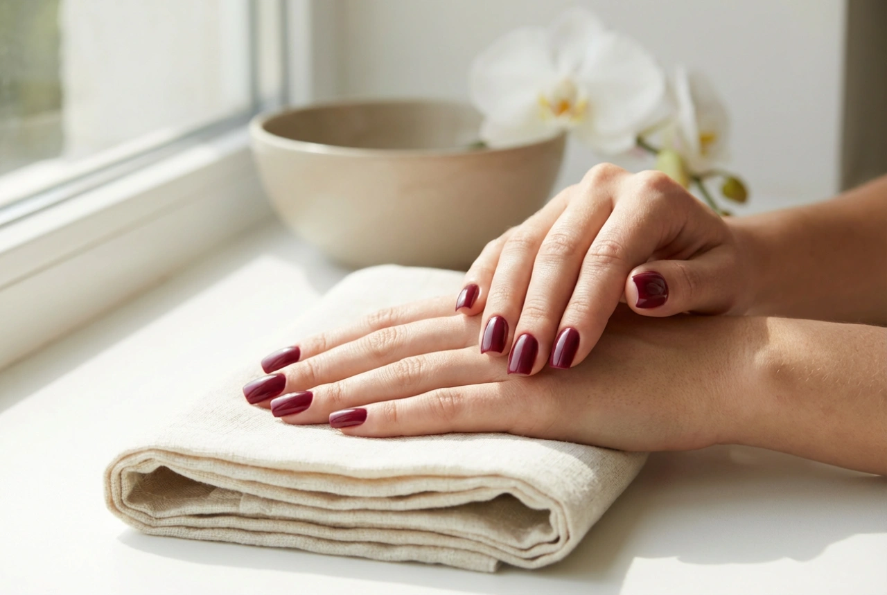 Ongles carrés bordeaux : comment limer la forme et vernir sans déborder