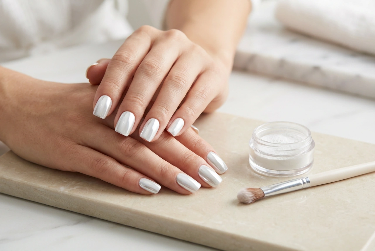Ongles effet miroir blanc : application de la poudre, choix de la base et finition