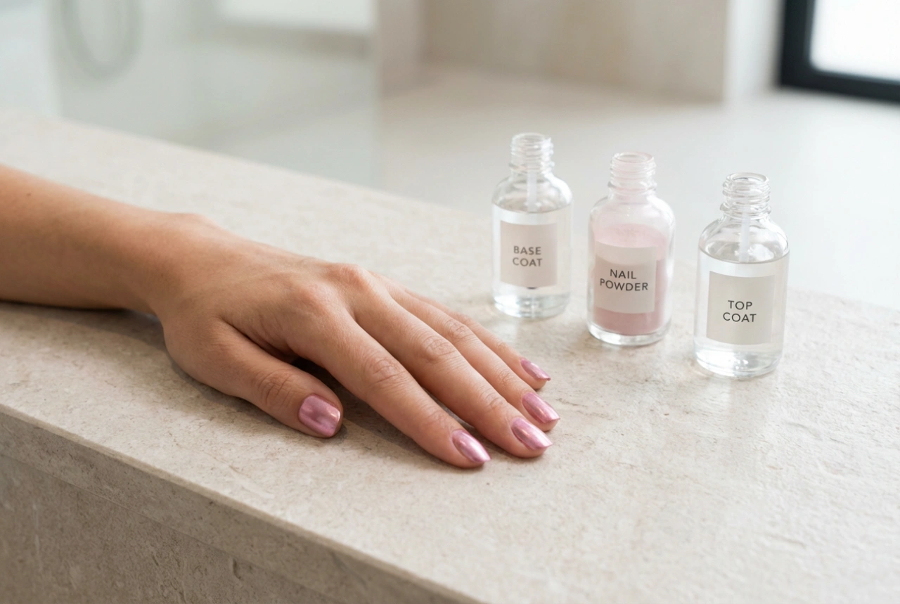 Ongles rose métallique étape par étape : base, poudres et top coat