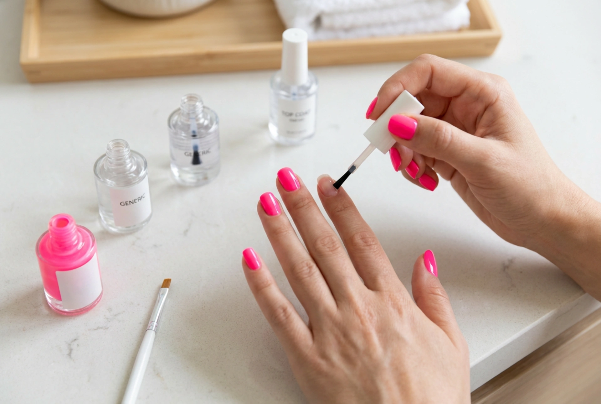 Ongles rose néon étape par étape : base, couches et top coat
