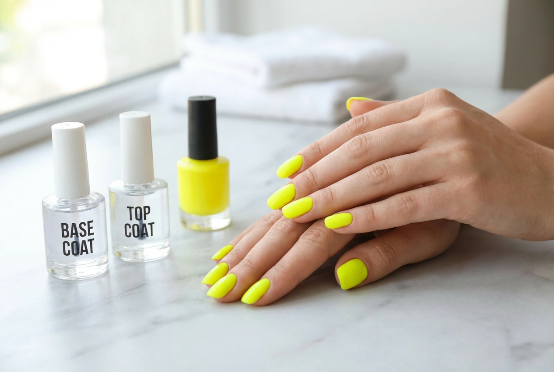 Ongles jaune néon : astuces de couvrance, base et top coat adaptés