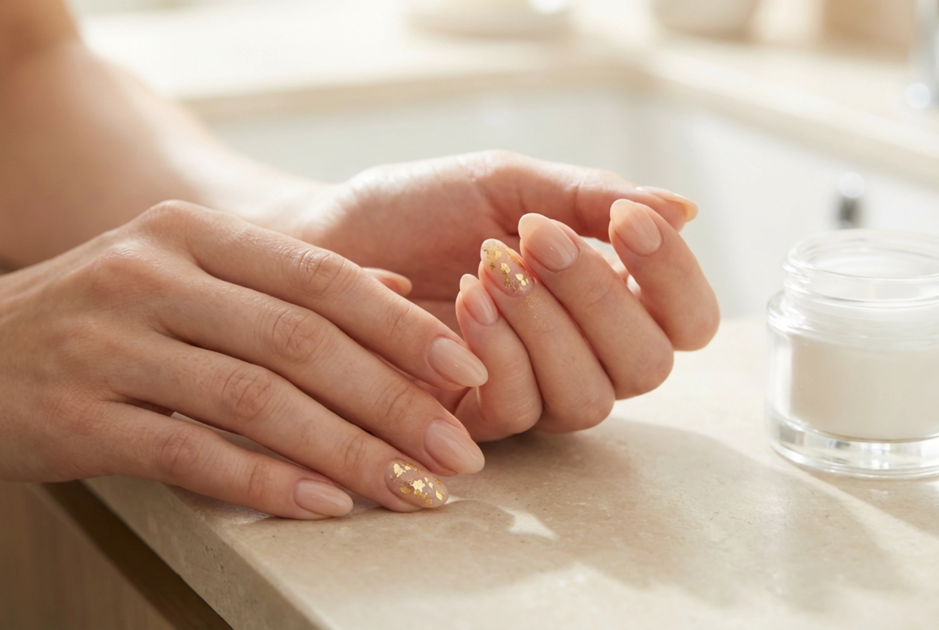 Ongles nude et or : accents élégants, feuilles et poudres scintillantes