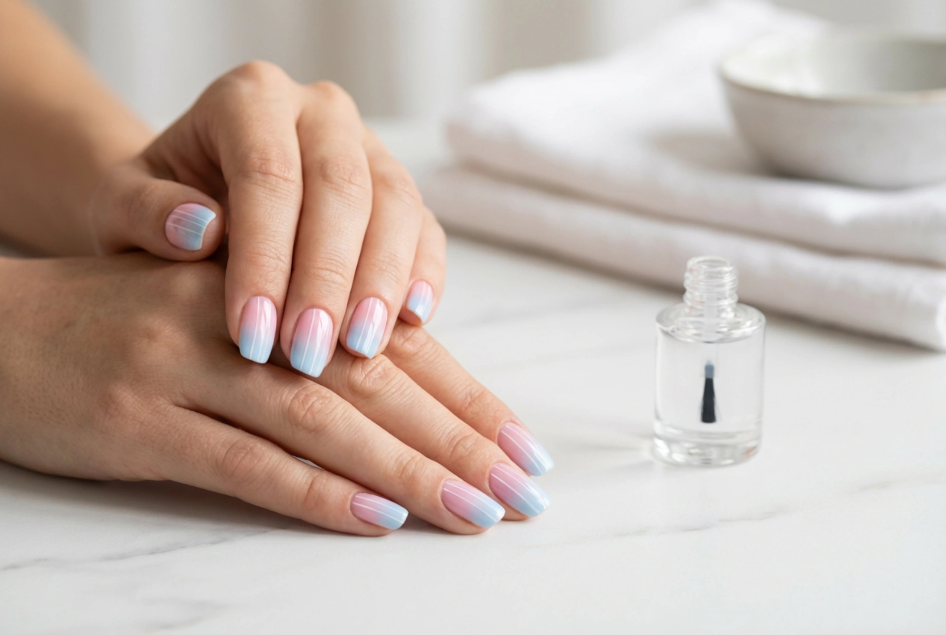 Ongles rose et bleu : dégradé, fines rayures et protection de la couleur