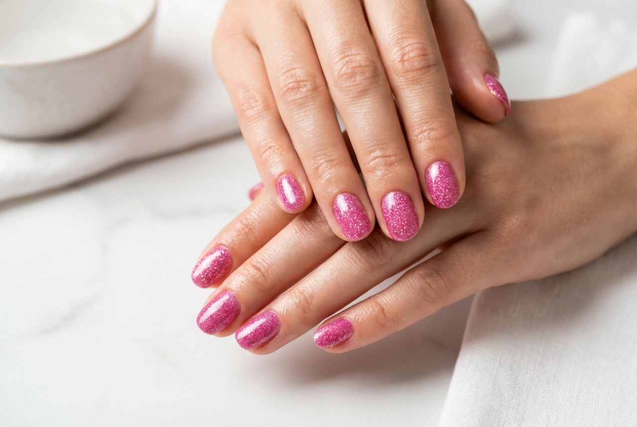 Ongles pailletés roses : couverture uniforme et top coat brillant