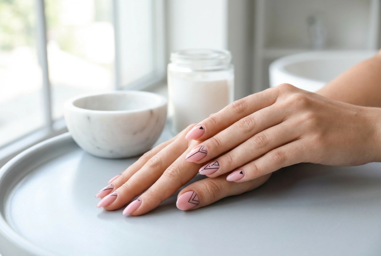 Ongles rose et noir : motifs géométriques et lignes précises