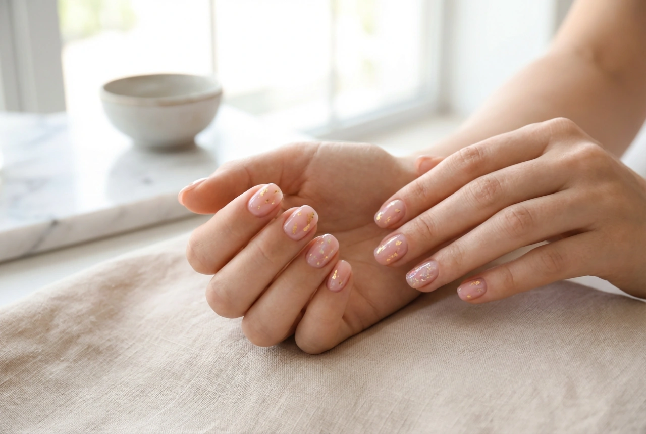 Ongles rose et or : feuilles délicates, paillettes et top coat transparent