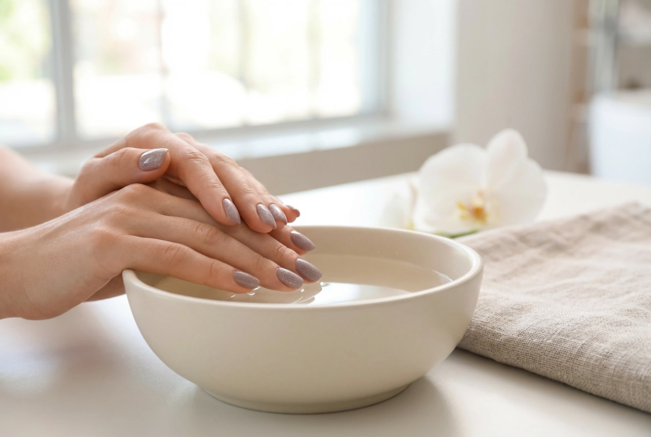 Ongles rose et gris avec paillettes : une brillance élégante tout en sobriété