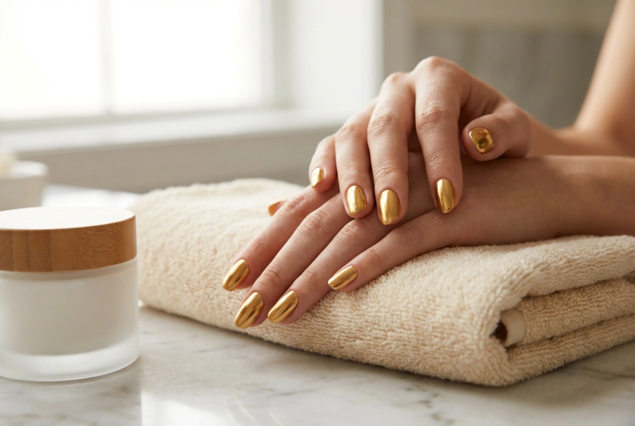 Ongles dorés de fête : comment obtenir une brillance homogène et une tenue longue durée
