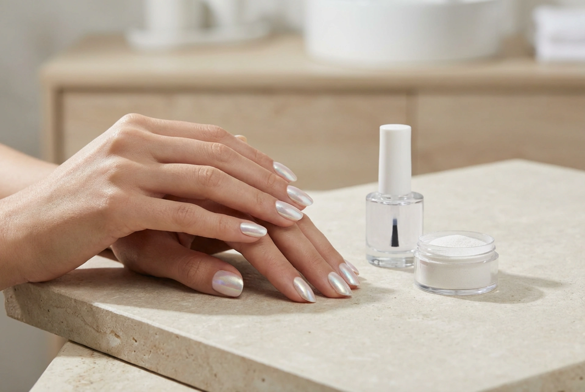 Manucure Hybride Perlée : Effet Perle, Poudres et Top Coat Durable