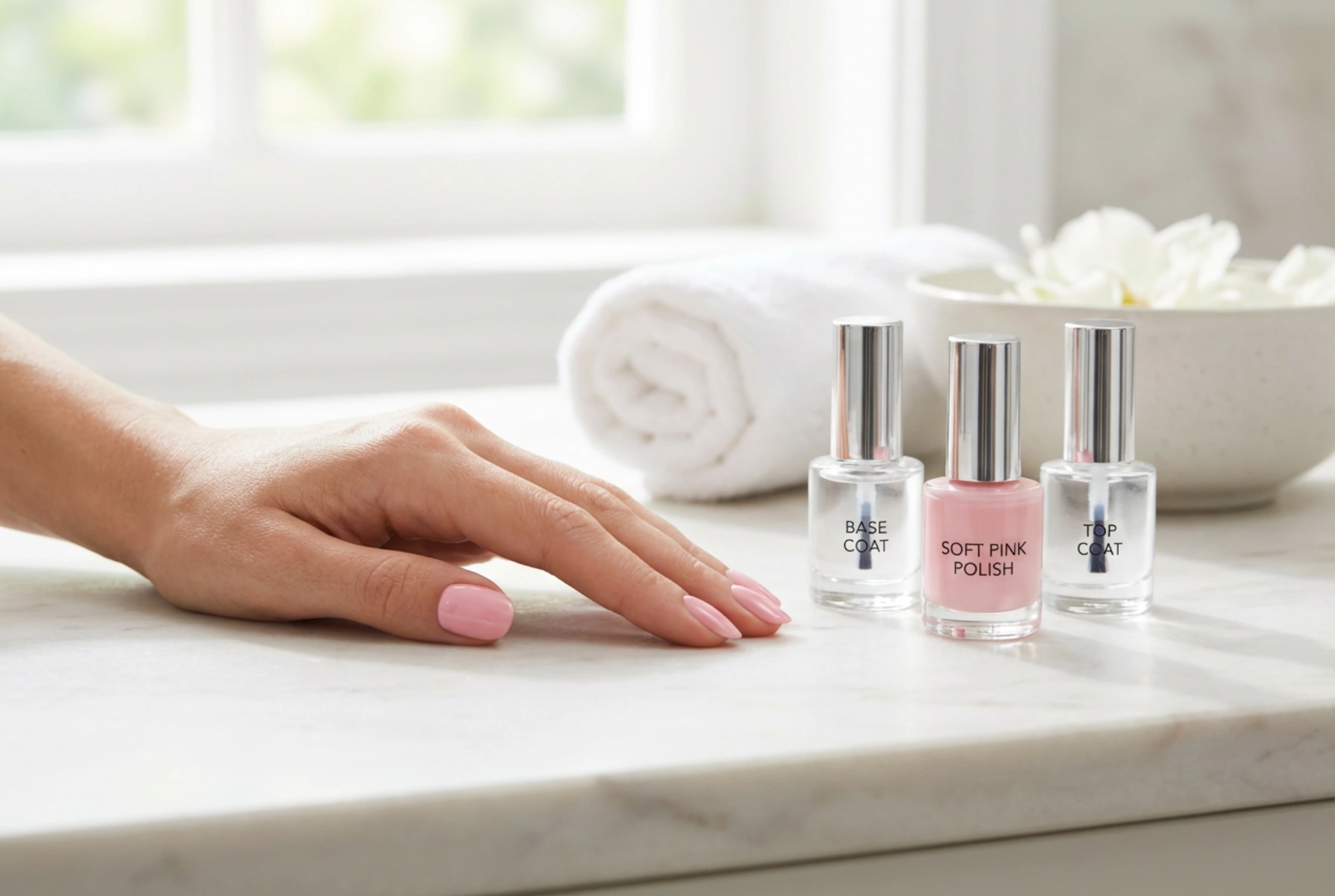Manucure hybride rose pas à pas : base, couleur, top