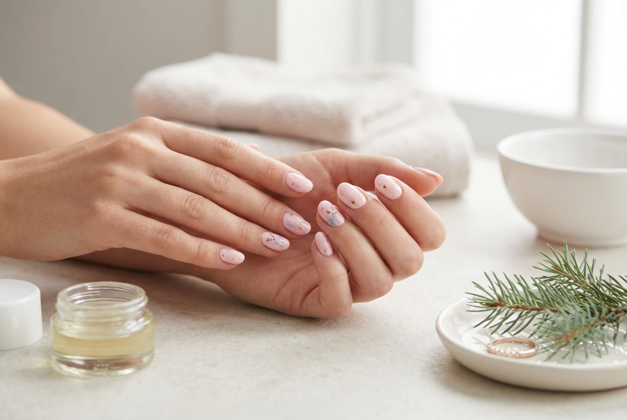 Ongles de Noël roses : rennes pastel, étoiles et paillettes